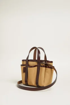 Mini tote bag con tasche esterne - Beige Marrone Scuro