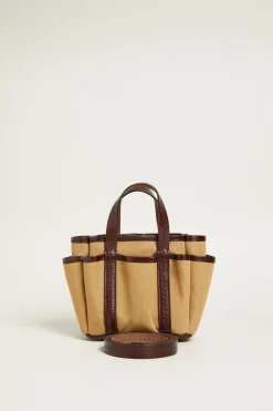 Mini tote bag con tasche esterne - Beige Marrone Scuro