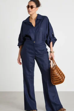 Pantalone a zampa con inserto elastico - Blu