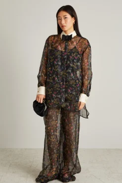 Pantalone a zampa in organza stampata - Nero