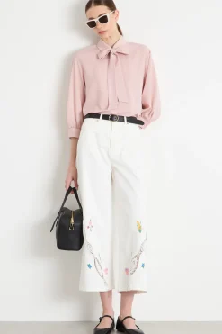 Pantalone con ricamo floreale - Bianco