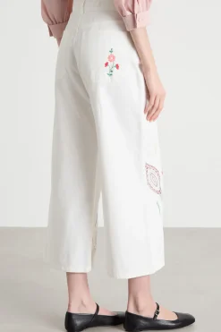 Pantalone con ricamo floreale - Bianco
