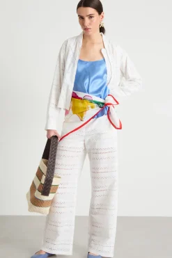 Pantalone dritto in voile ricamato - Bianco