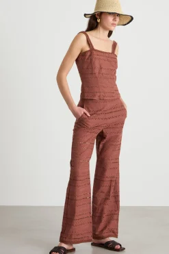 Pantalone dritto in voile ricamato - Marrone