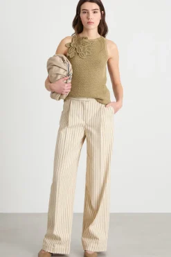 Pantalone gessato ampio - Beige