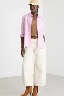 Pantalone in bull con ricami - Bianco