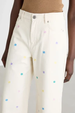 Pantalone in bull con ricami - Bianco