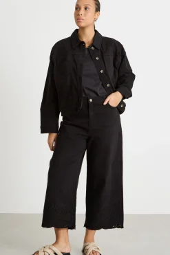 Pantalone in bull con ricami - Nero
