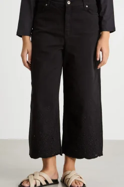 Pantalone in bull con ricami - Nero