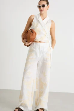 Pantalone in lino ricamato - Bianco Giallo
