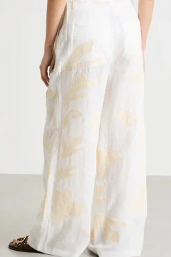 Pantalone in lino ricamato - Bianco Giallo