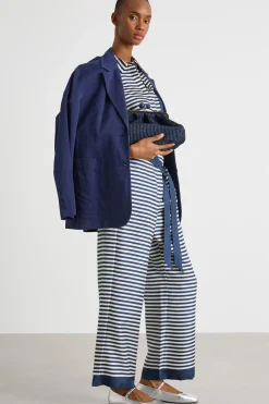 Pantalone in twill stampato con cintura - Blu Bianco