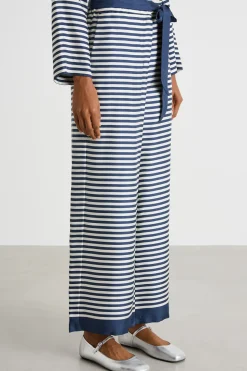 Pantalone in twill stampato con cintura - Blu Bianco