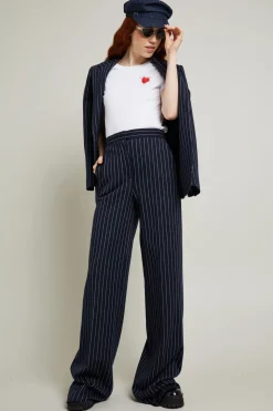 Pantalone palazzo in cotone gessato - Blu Notte