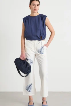 Pantalone ricamato con fondo svasato - Bianco