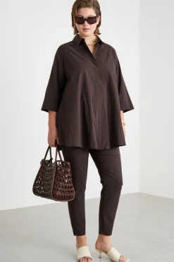Pantalone skinny in popeline - Marrone
