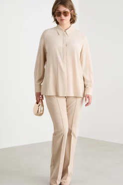 Pantalone stretch con nervatura - Beige