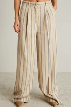 Pantaloni ampi in twill a righe - Sabbia Celeste