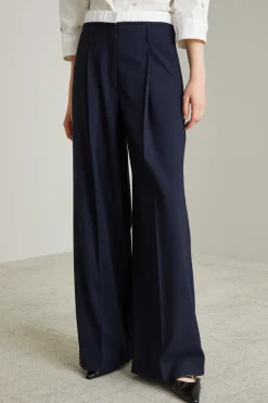 Pantaloni con cintone in popeline - Blu Notte