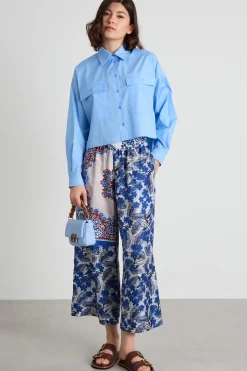 Pantaloni cropped in pura seta - Blu