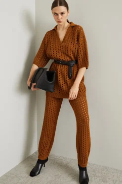 Pantaloni in maglia traforata - Tabacco