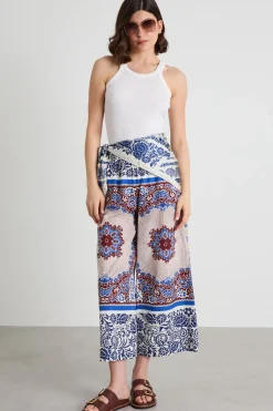 Pantaloni in popeline a fantasia - Blu Marrone
