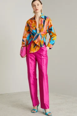 Pantaloni in shantung id seta - Fuxia