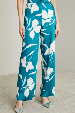 Pantaloni in twill a fiori grafici - Verde Petrolio