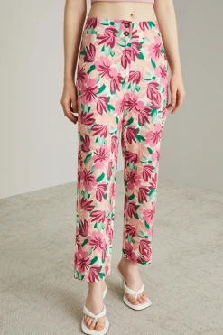 Pantaloni stampati in cotone e line - Rosa Polvere
