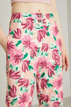 Pantaloni stampati in cotone e line - Rosa Polvere
