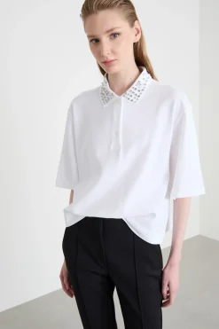 Polo con cristalli cabochon - Bianco