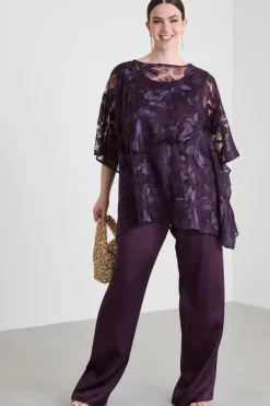 Poncho in tulle ricamato - Melanzana