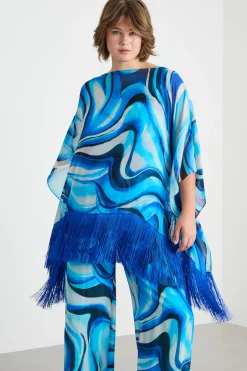 Poncho in georgette con frange - Blu