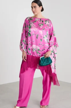 Poncho in raso con frange - Fuxia