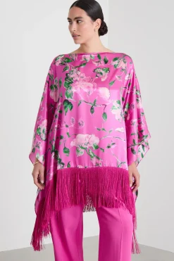 Poncho in raso con frange - Fuxia