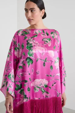Poncho in raso con frange - Fuxia