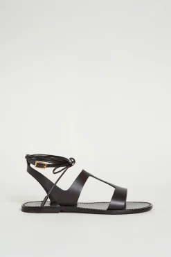 Sandalo flat in pelle con lacci - Marrone