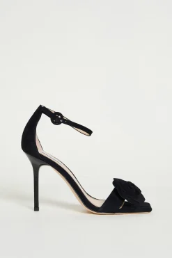 Sandalo in suede con clip a fiore - Nero