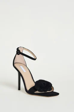 Sandalo in suede con clip a fiore - Nero