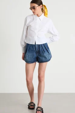 Short con pieghe in jeans - Blu