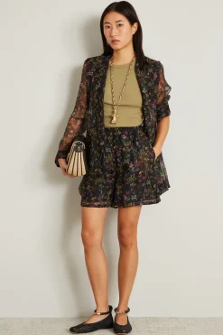 Short in organza di seta stampata - Nero