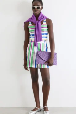 Shorts in raso a righe multicolor - Verde