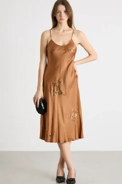 Slip dress in raso ricamato - Marrone