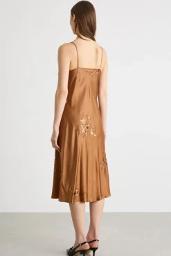 Slip dress in raso ricamato - Marrone