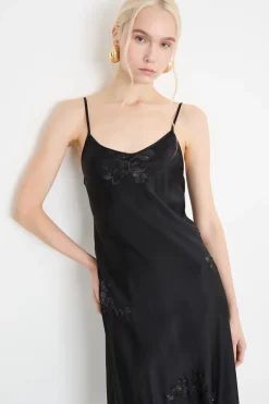 Slip dress in raso ricamato - Nero