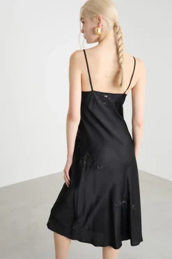Slip dress in raso ricamato - Nero