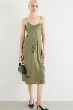 Slip dress in raso ricamato - Verde