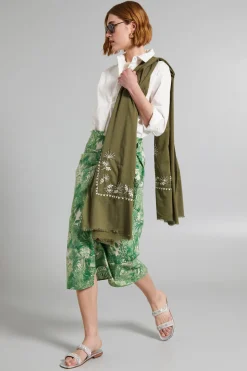 Stola con ricami - Verde Kaki Bianco