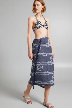 Telo mare con frange - Blu Denim Bianco