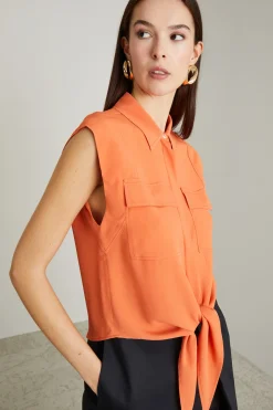 Top in crépe con nodo - Arancione